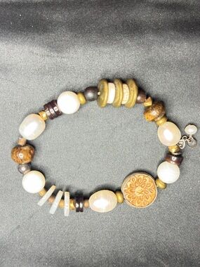 Silpada 925 Sterling Silver Pearl Bronzite Wood Brass Stretch Bracelet